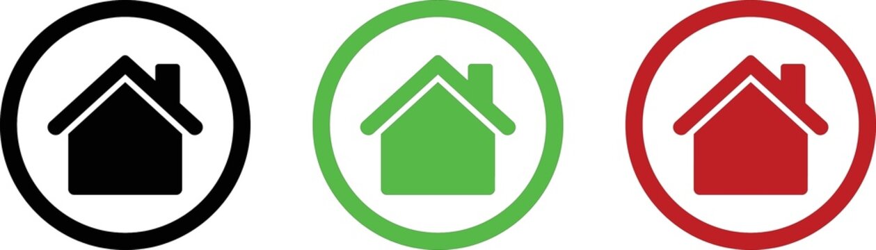 Three colorful house home icons with circular borders in black green and red colors