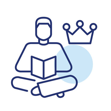 Premium learning experience, expert knowledge access. Exclusive e-library user. Man reading a book and crown. Pixel perfect, editable stroke vector icon