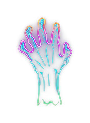 Fototapeta premium Neon skeleton hand PNG with a transparent background, glowing in pink and blue.