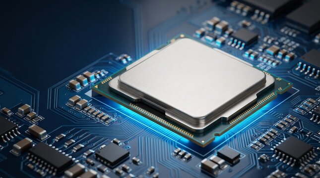 Modern computer processor cpu microchip mounted on blue circuit motherboard