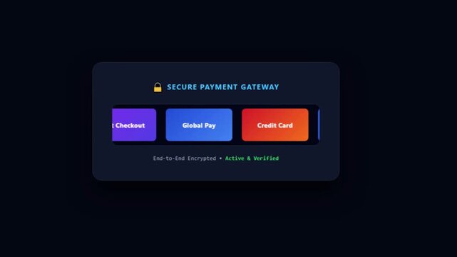 Secure payment gateway motion design with e-wallet, fast checkout, global pay options, and end-to-end encrypted verification against a dark background motion graphic loop