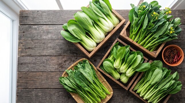 Fresh bok choy and green Asian vegetables in wooden crates top view