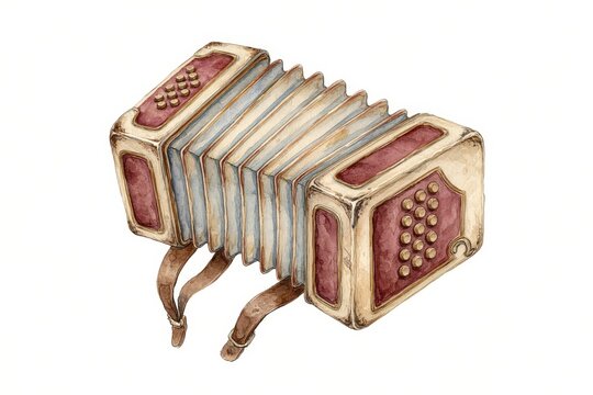 Detailed watercolor illustration of a vintage concertina accordion with red bellows panels and brass studs.