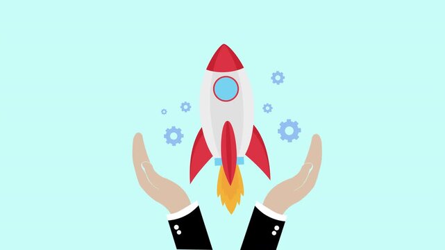 Startup launch and innovation concept with rocket supported by hands and technology symbols