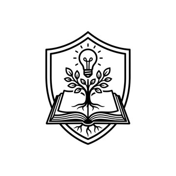 Shield logo icon representing education growth and ideas with open book, plant and lightbulb