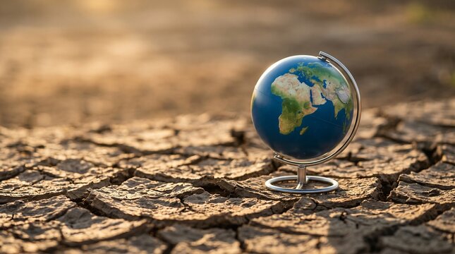 Climate change concept with planet earth globe resting on dry cracked soil