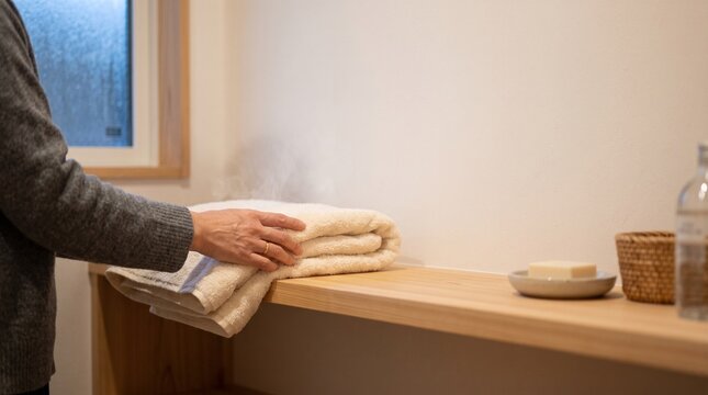 冬の入浴前に脱衣所へ温かいタオルを準備する日本人の手元