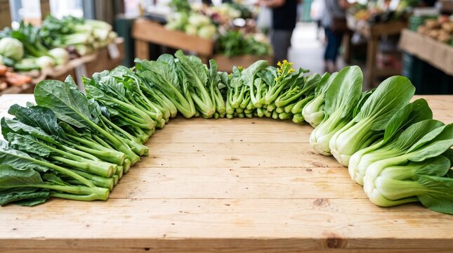 Fresh green choy sum and bok choy vegetables arranged on wooden market table