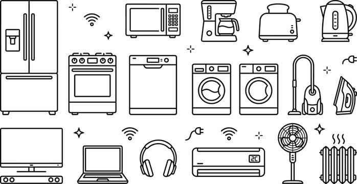 Home appliances and consumer electronics line icon set featuring refrigerator microwave washing machine vector