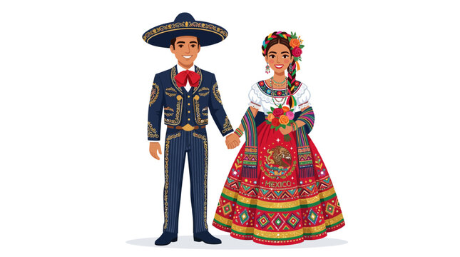 Mexican man in charro suit and woman in red dress.