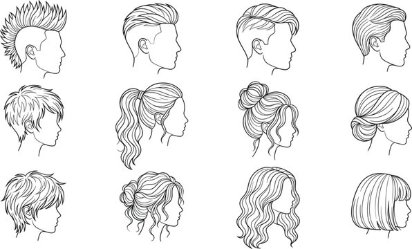 Men and women hairstyle line art vector icon collection with short long undercut and mohawk cuts