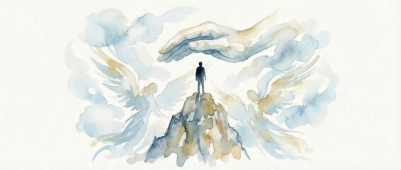 Fototapeta premium Man standing on mountain top under giant hand of God with angels. Biblical scene of divine protection and creation. Watercolor illustration of spiritual faith and guidance. Banner with copy space