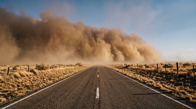 Massive sandstorm dust storm approaching empty desert highway road