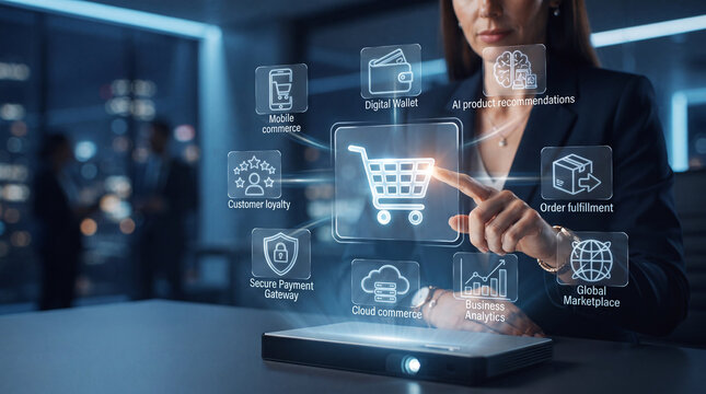Ecommerce shopping cart digital wallet mobile commerce customer loyalty secure payment gateway cloud commerce business analytics order fulfillment global marketplace ai product recommendations