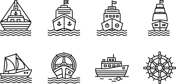Set of various maritime transportation icons featuring different types of ships boats and a nautical steering wheel design elements