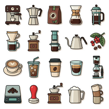 Colorful Illustration Coffee Brewing Equipment Set.