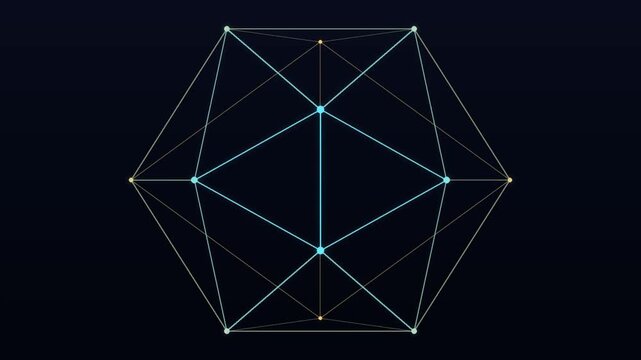 3D geometric wireframe polyhedron rotating in dark space for futuristic tech visuals
