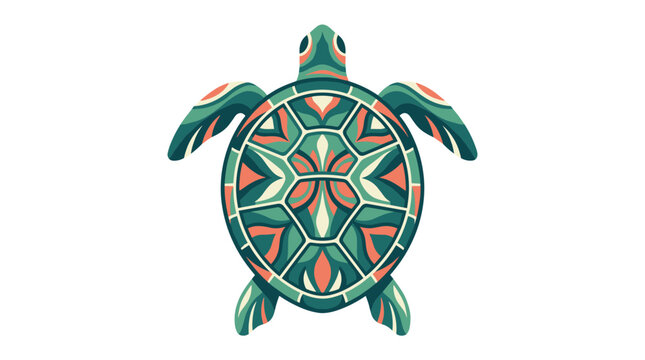 Green sea turtle animal flat vector icon with ornate decorative patterns