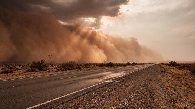 Massive haboob dust storm sweeping over desert highway in dramatic weather phenomenon
