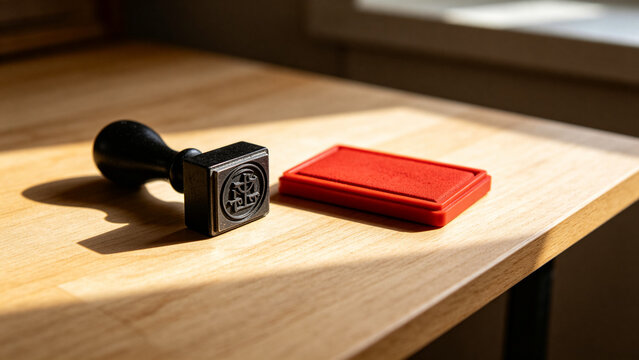 Black notary seal embosser beside red stamp pad on desk, legal documents