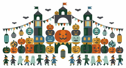 Naklejka premium Abstract geometric Halloween pumpkin festival composition with lanterns, castle towers, and costumed characters, vector illustration
