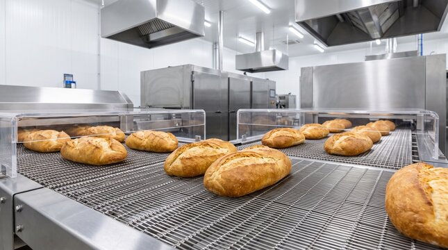 Fresh bread loaves moving on a metal conveyor belt in a modern food factory