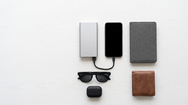 Smartphone charging from portable power bank flat lay with wallet sunglasses and earphones