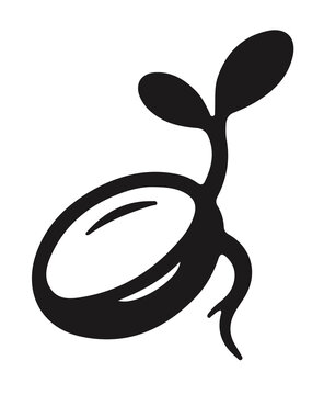 Sprouting seed with root silhouette vector graphic element