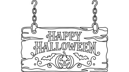 Naklejka premium Happy Halloween wooden sign hanging from metal chains with pumpkin and bats illustration.