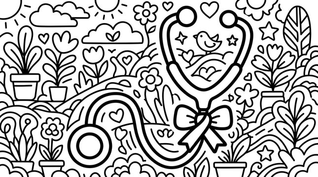Stethoscope and Flowers Healthcare Coloring Page Illustration
