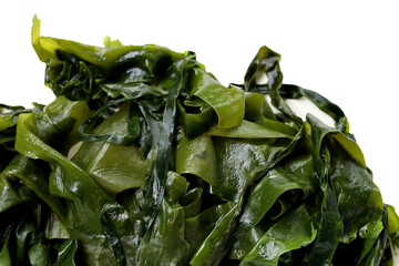 Wet wakame seaweed pile placed on white background. © Bowonpat