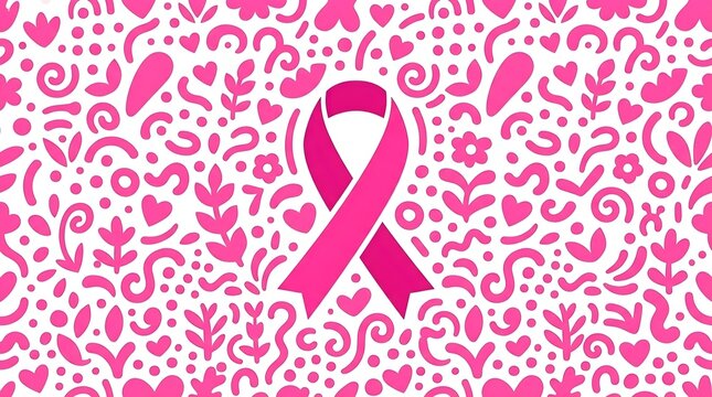 Pink Ribbon for Breast Cancer Awareness on Doodle Pattern Background