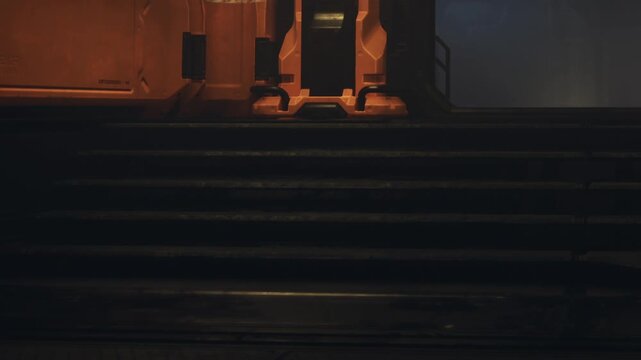 Stairs are visible leading up to a bright orange structure in a dark environment. The scene shows a contrast between light and shadow, creating a focal point.