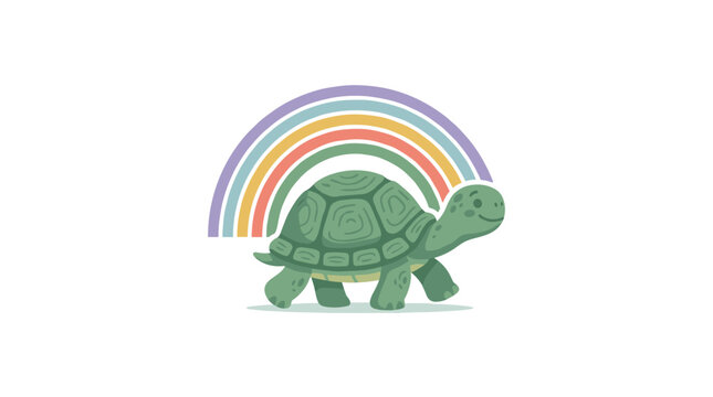 Cute green turtle walking under colorful arch on plain backdrop