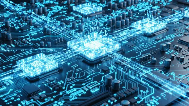 Digital Abstract Circuit Board Futuristic Technology, Glowing Blue Innovation, Network Data Flow, Electronic Computer Advancement, Sophistication