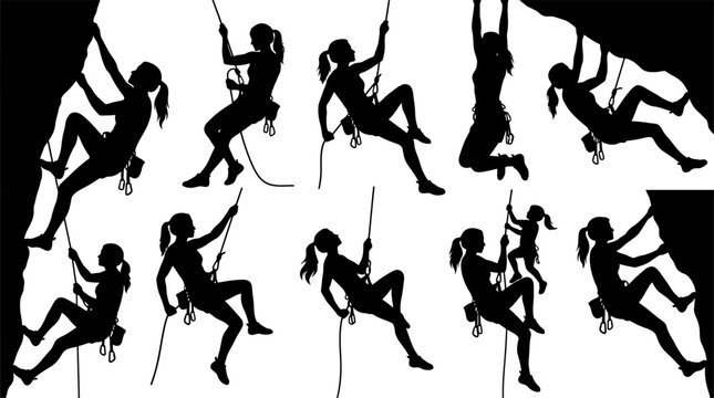 Female rock climbing wall vector silhouettes for outdoor sports