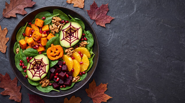 Autumn salad in ceramic bowl with spinach pumpkin avocado beet orange walnut and pomegranate on dark stone surface festive harvest meal