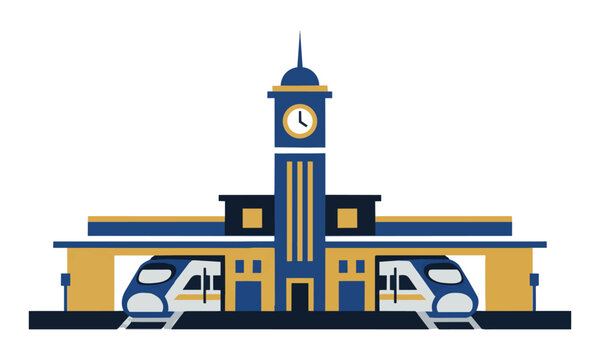 Minimalist railway station with a symmetrical clock tower and high-speed bullet trains on a clean white background modern transportation design concept