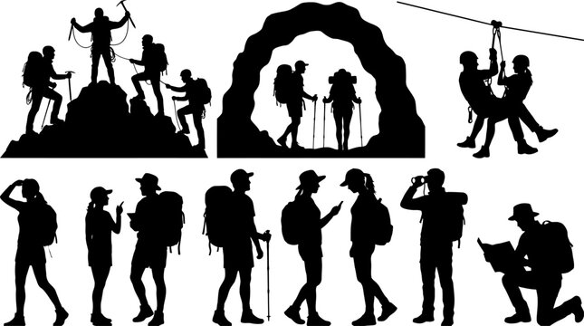 Rock climbing wall vector with mountain hikers silhouettes set
