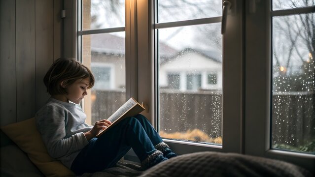 Young child reading a book by the window during a rainy day