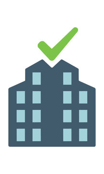 Minimalist apartment building silhouette icon with an integrated checkmark symbol representing quality housing and residential approval status