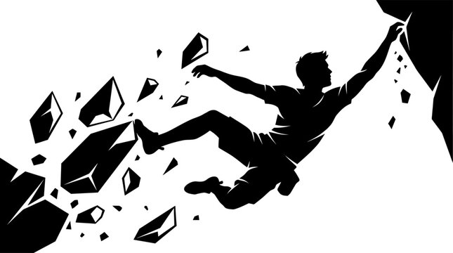 Man on rock climbing wall vector silhouette scaling steep crag