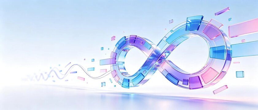 Glossy transparent glass infinity symbol made of colorful blue pink and purple crystal blocks represents endless development and infinite tech concept