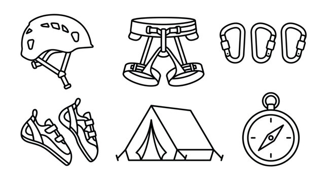Rock climbing wall vector icons for mountaineering and outdoor sports