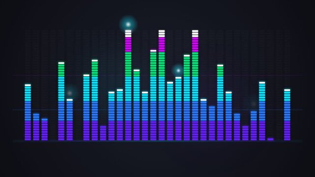 Vibrant digital equalizer levels pulse rhythmically across the dark display during a live electronic music performance while glowing blue particles float gently around the animated frequency