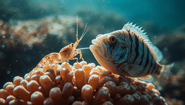Cleaner Shrimp Servicing Reef Fish in Tropical Coral Ecosystem, Marine Mutualism