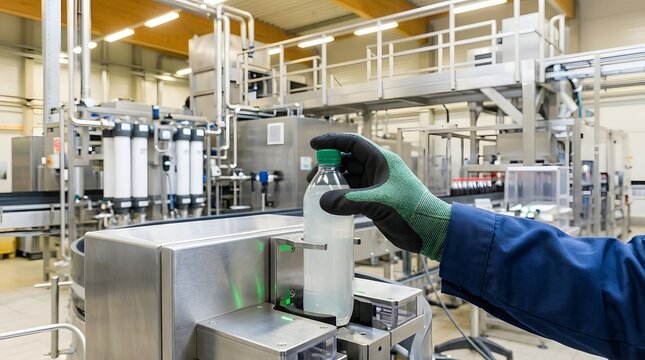 Worker Hand Holding Plastic Bottle on Beverage Production Line