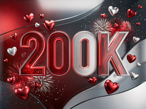 Luxury 200K Celebration Typography with Crimson Metallic Glass and Sparkling Hearts