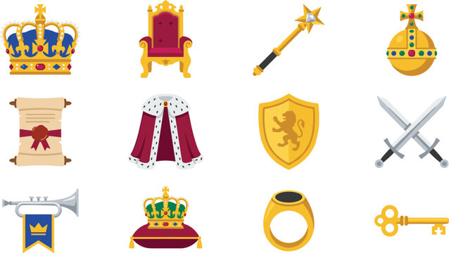 Royal Monarchy Regalia Vector Icon Set with Golden King Crown Throne Scepter Orb Medieval Swords Shield Cloak and Scroll for Kingdom and Fantasy Gaming Designs