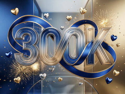 Luxury 300K Celebration Typography with Blue Ribbon and Metallic Hearts